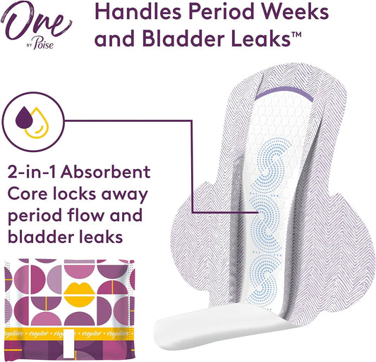 Poise Feminine Pads with Wings (2-in-1 Period & Bladder Leakage Pads for Women), Regular, Regular Absorbency for Period Flow, Very Light Absorbency for Bladder Leaks, 22 Count