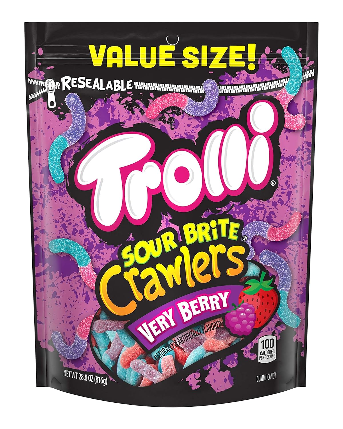 Trolli Sour Brite Crawlers, Very Berry, Sour Gummy Worms, 28.8 Ounce Resealable Bag