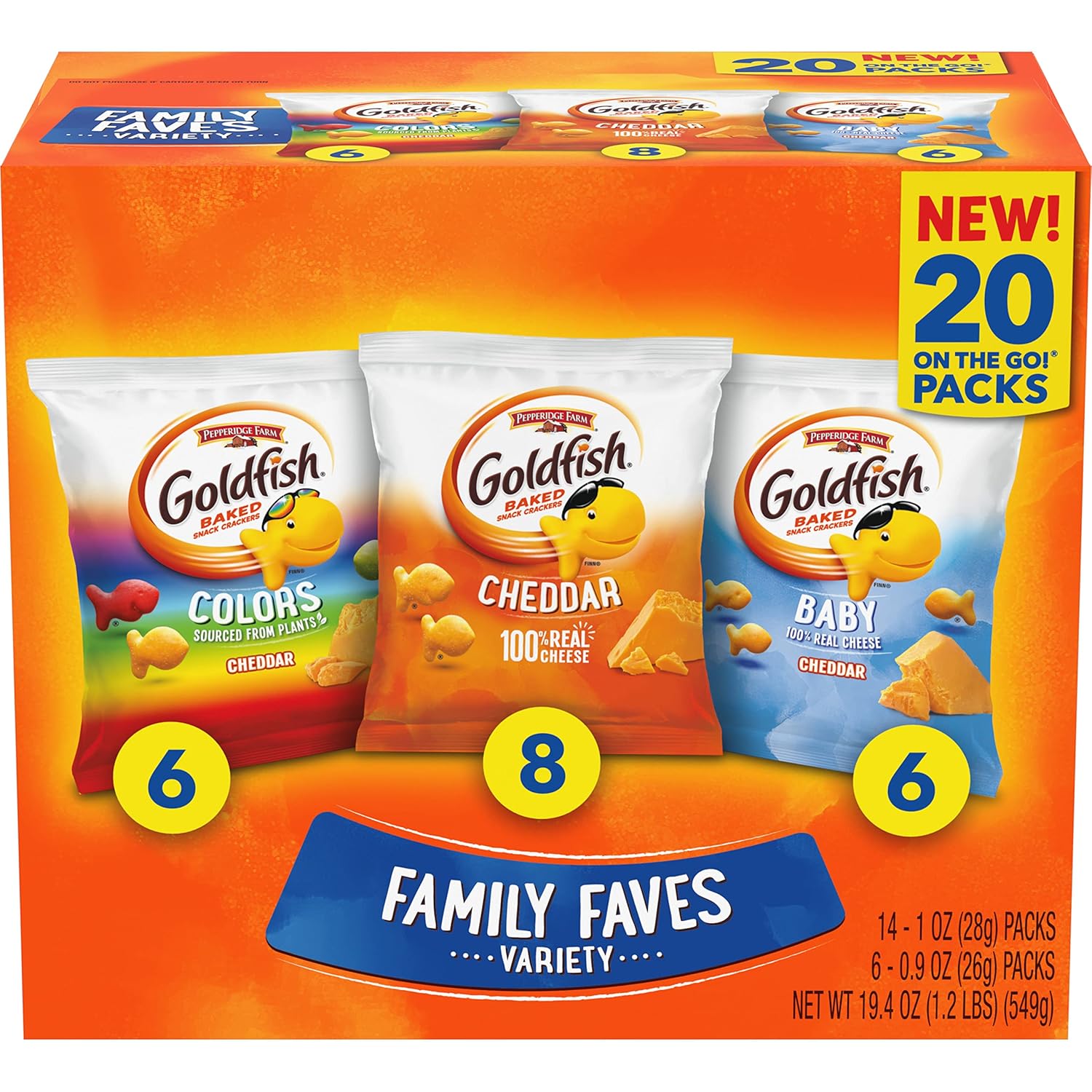 Goldfish Family Faves Crackers, Cheddar, Colors And Baby Crackers Snack Packs, 20-Ct Variety Pack