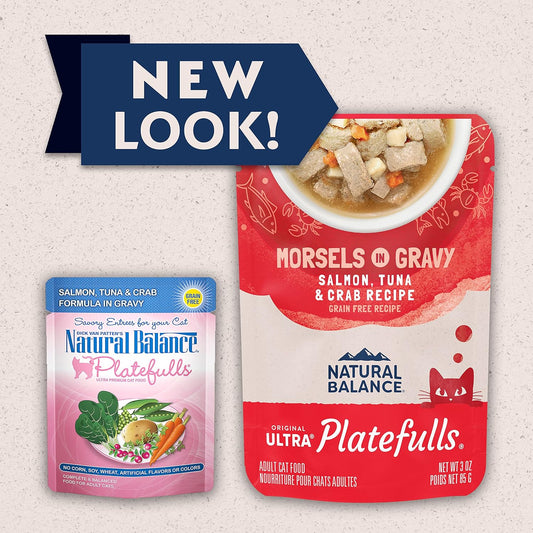 Natural Balance Original Ultra Platefulls Adult Grain-Free Wet Cat Food, Salmon, Tuna & Crab Recipe In Gravy, 3 Ounce Pouch (Pack Of 24)