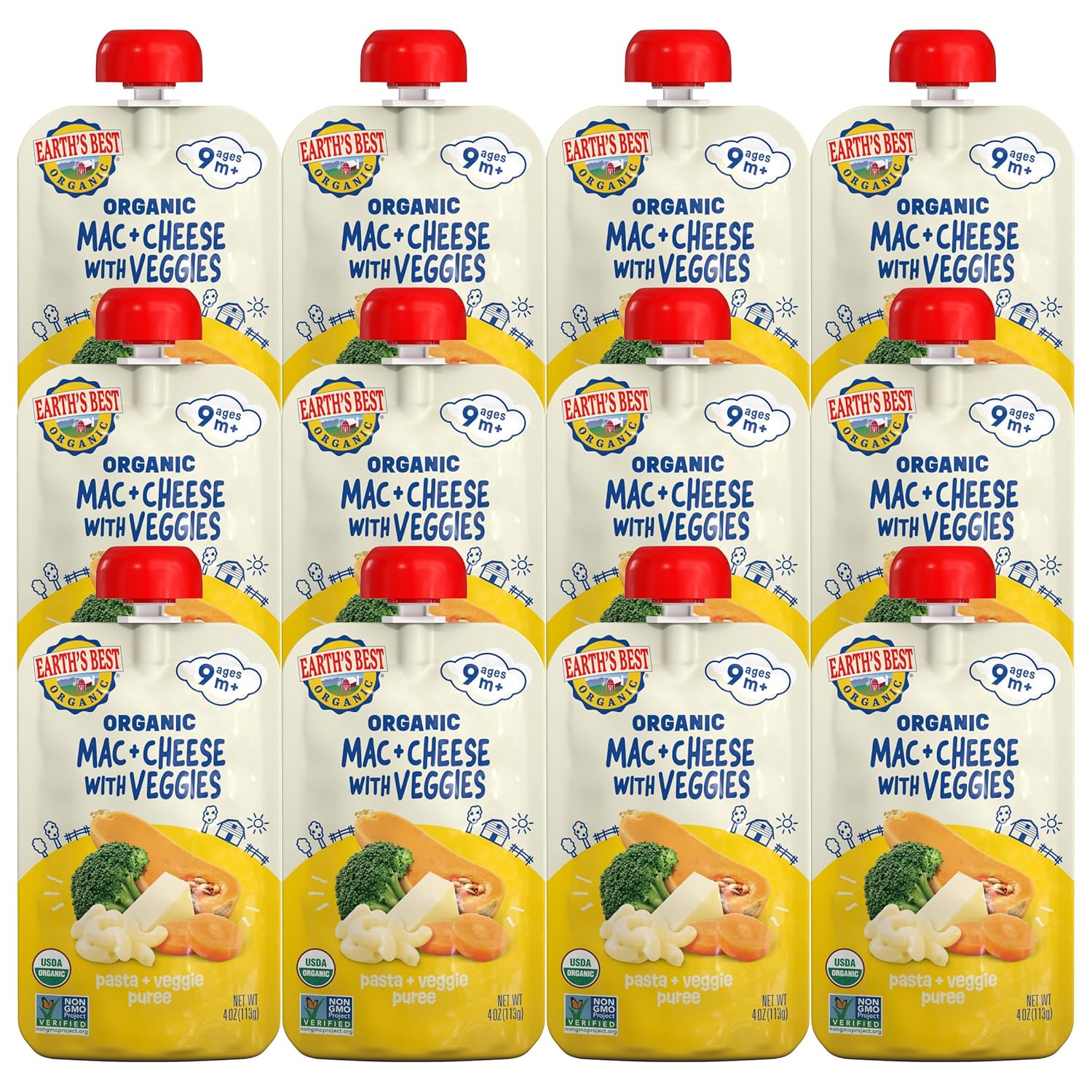 Earth'S Best Pasta + Veggie Puree Organic Mac + Cheese With Veggies 4 Oz Pouch (Pack Of 12)