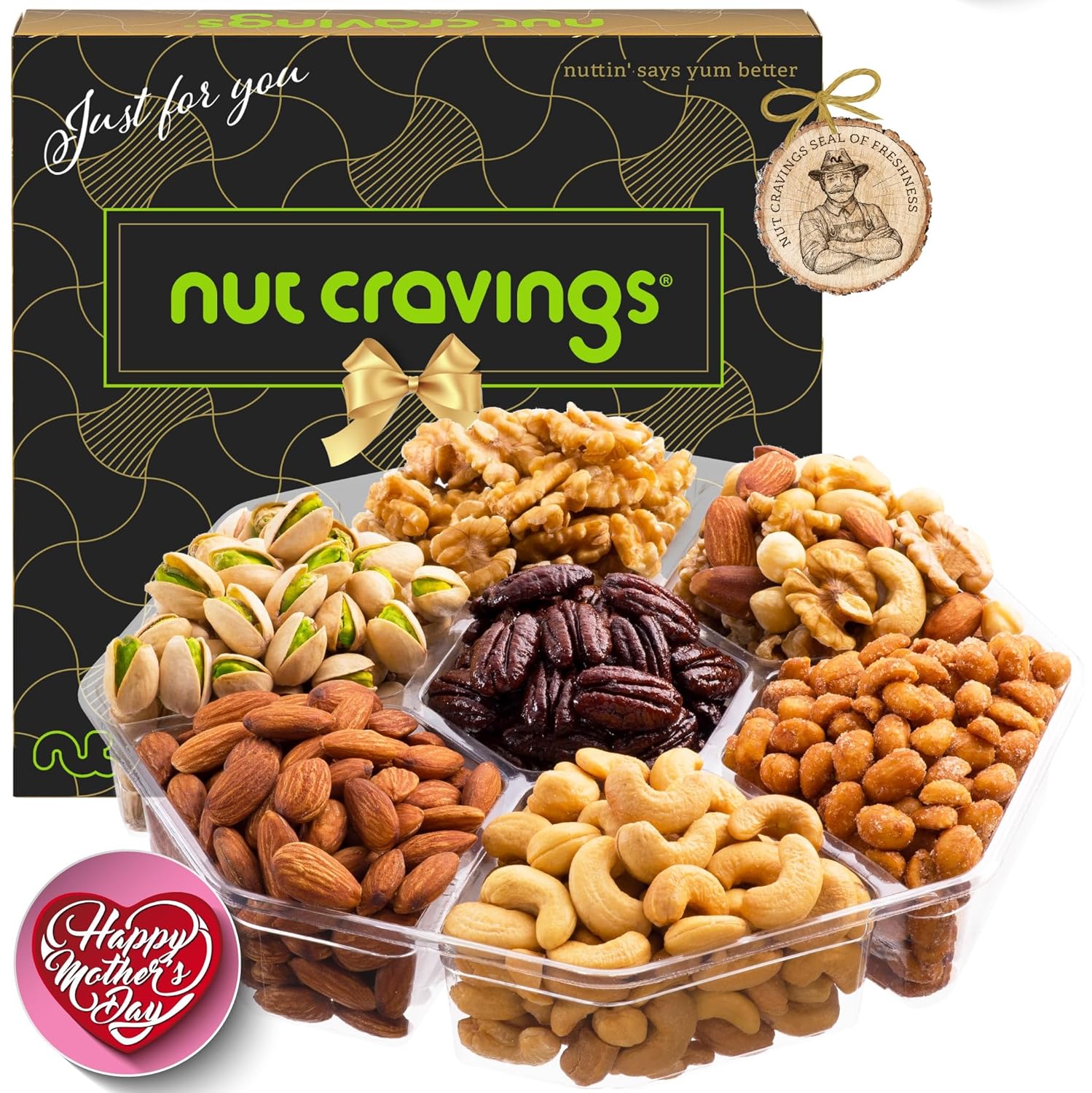 Nut Cravings Gourmet Collection - Mothers Day Mixed Nuts Gift Basket in Black Gold Box (7 Assortments, 2 LB) Arrangement Platter, Birthday Care Package - Healthy Kosher USA Made
