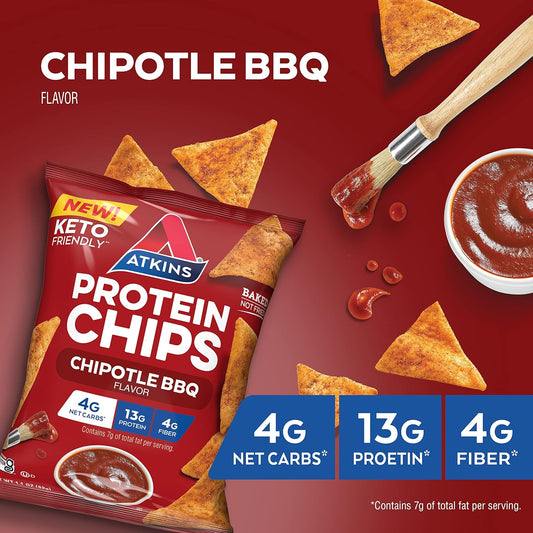 Atkins Chipotle Bbq Protein Chips, 4G Net Carbs, 13G Protein, Gluten Free, Low Glycemic, Keto Friendly, 12 Count