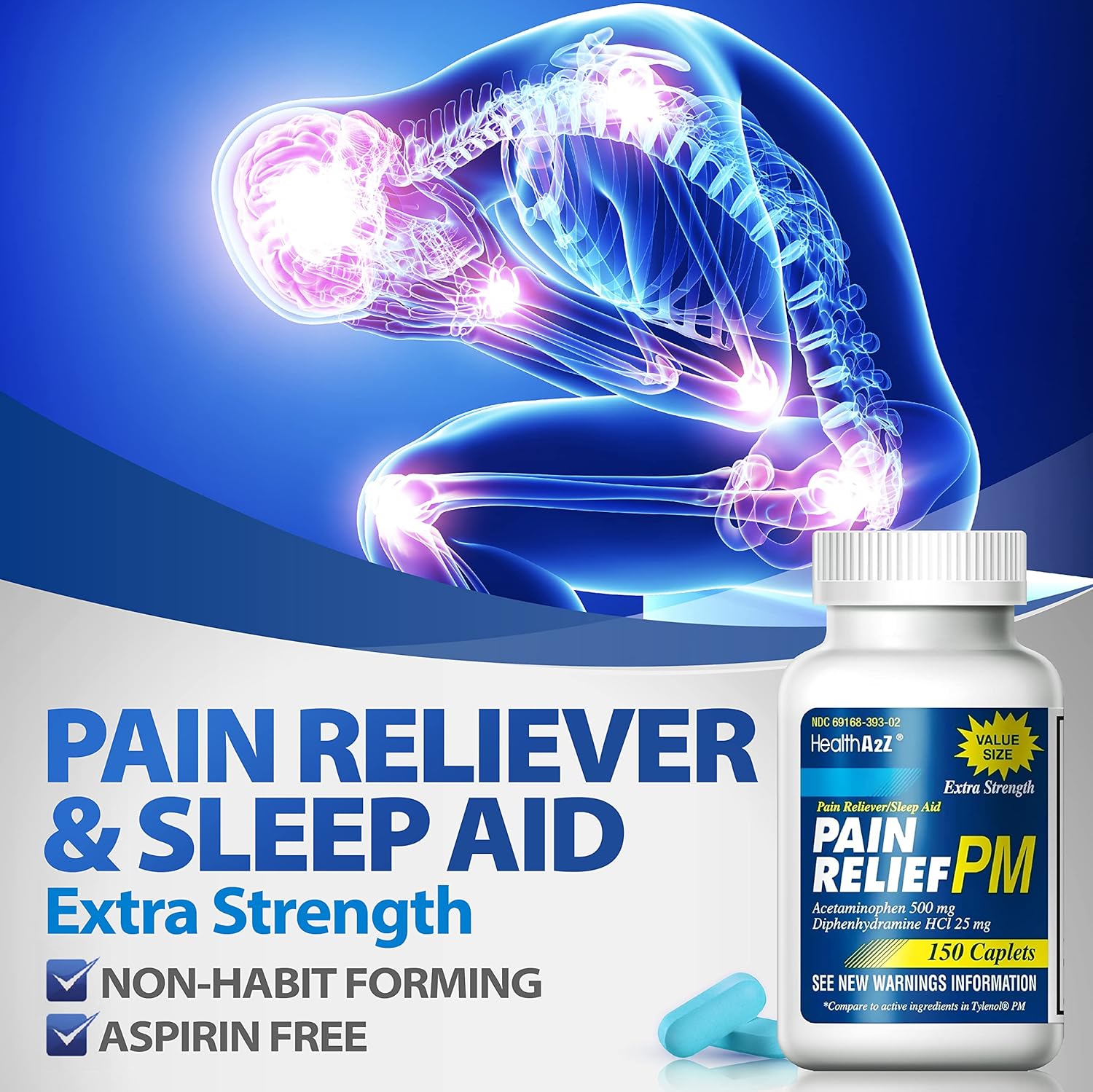 HealthA2Z® Extra Strength Pain Relief PM| Acetaminophen 500mg | Diphenhydramine 25mg | Pain Reliever & Nighttime Sleep Aid | Non-Habit Forming (150 Count (Pack of 1)) : Health & Household