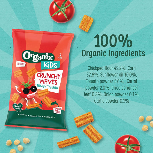Organix Kids Tangy Tomato Crunchy Waves Snack 3+ Years Multipack, 4 X 14 G Bags Per Pack (4 Packs Total)