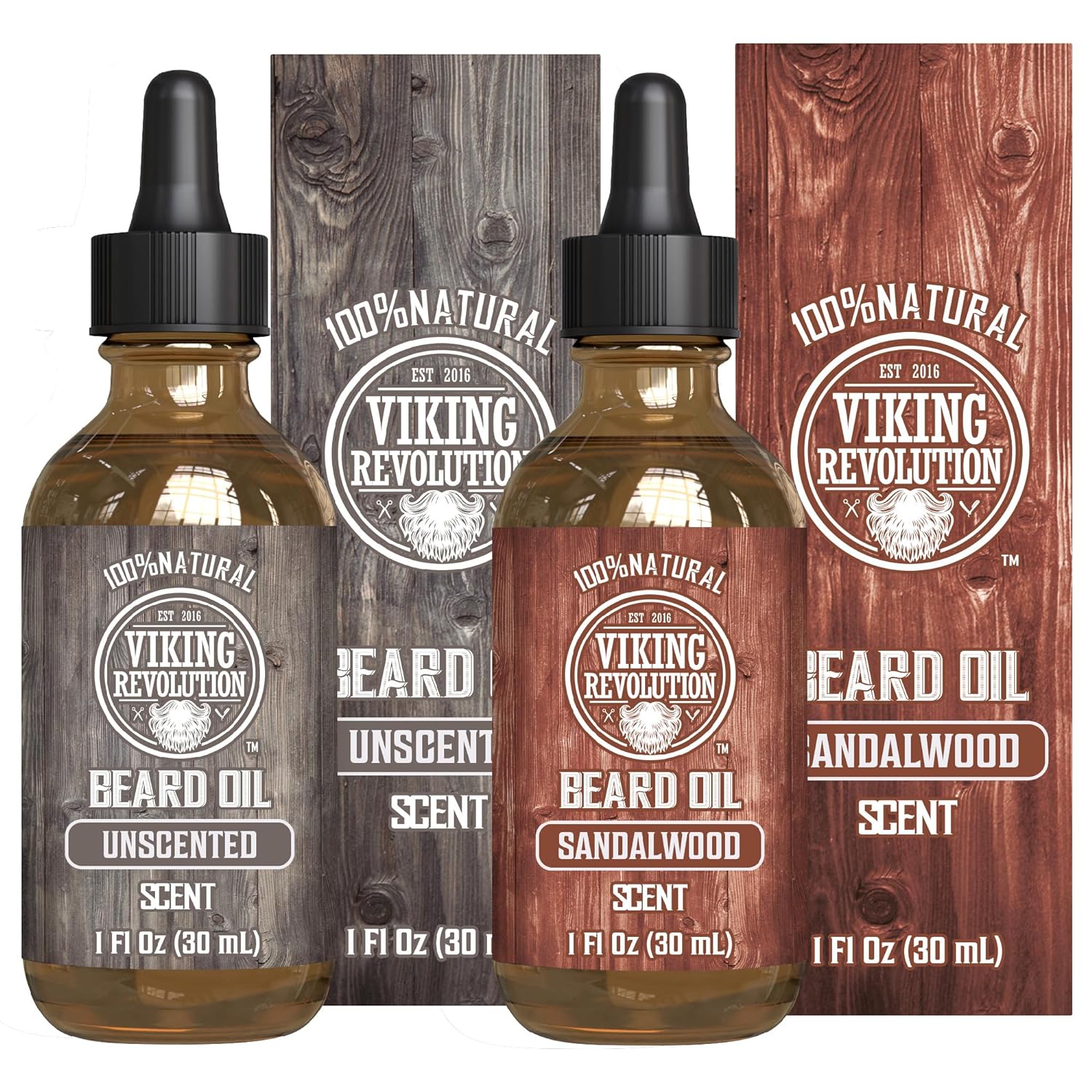 Viking Revolution Sandalwood And Unscented Beard Oil For Men - Natural Mens Beard Oil With Argan Oil And Jojoba Oil - Beard Softener, Strengthens And Moisturizes - Beard Conditioner For Men (2 Pack)