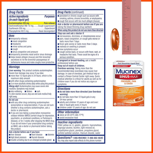 Mucinex Sinus-Max Maximum Strength Pressure, Pain & Cough, Sinus Symptom Relief, Pain Reliever, Cough Suppressant, Expectorant and Nasal Decongestant, 16 Liquid Gels (Pack of 3)
