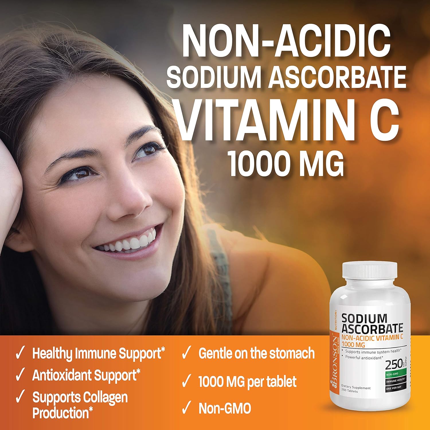 Sodium Ascorbate Non Acidic Vitamin C 1000 Mg Tablets - Gentle On The Stomach - Immune System Booster - Powerful Antioxidant - Non GMO Vitamin C Supplement, 250 Count : Sodium Ascorbate Tablets : Health & Household