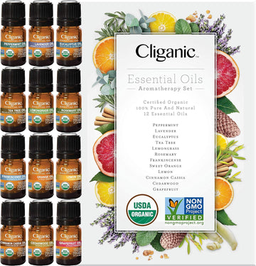 Cliganic Usda Organic Aromatherapy Top 12 Essential Oils Set, 100% Pure - Peppermint, Lavender, Eucalyptus, Tea Tree, Lemongrass, Rosemary, Frankincense, Orange, Lemon, Cassia, Cedarwood & Grapefruit