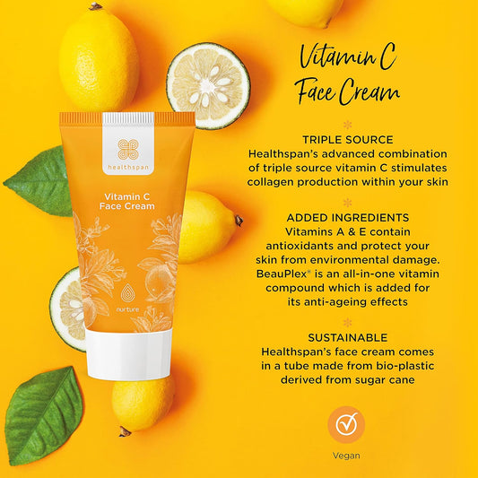 Healthspan Vitamin C Gel Face Cream (50Ml) | Triple Source Vitamin C | Vitamins A & E | Hydrate & Boost Skin Radiance | Reduce Appearance Of Fine Lines & Wrinkles | Support Collagen Formation | Vegan