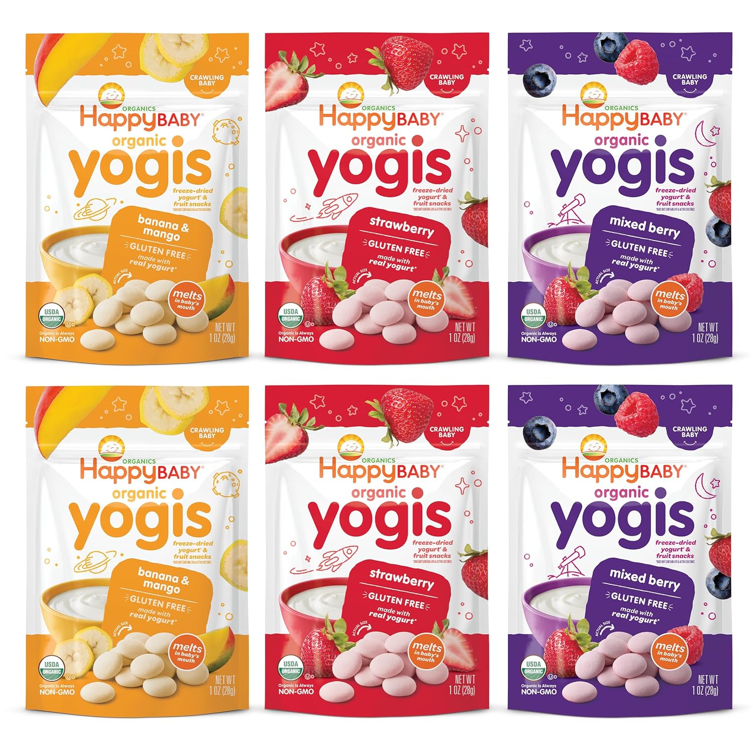 Happy Baby Organics Baby Snacks, Yogis, Freeze Dried Yogurt & Fruit Snacks, Gluten Free Snack For Babies 9+ Months, 3 Flavor Variety Pack, 1 Ounce (Total Pack Of 6)
