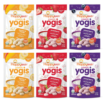 Happy Baby Organics Baby Snacks, Yogis, Freeze Dried Yogurt & Fruit Snacks, Gluten Free Snack For Babies 9+ Months, 3 Flavor Variety Pack, 1 Ounce (Total Pack Of 6)