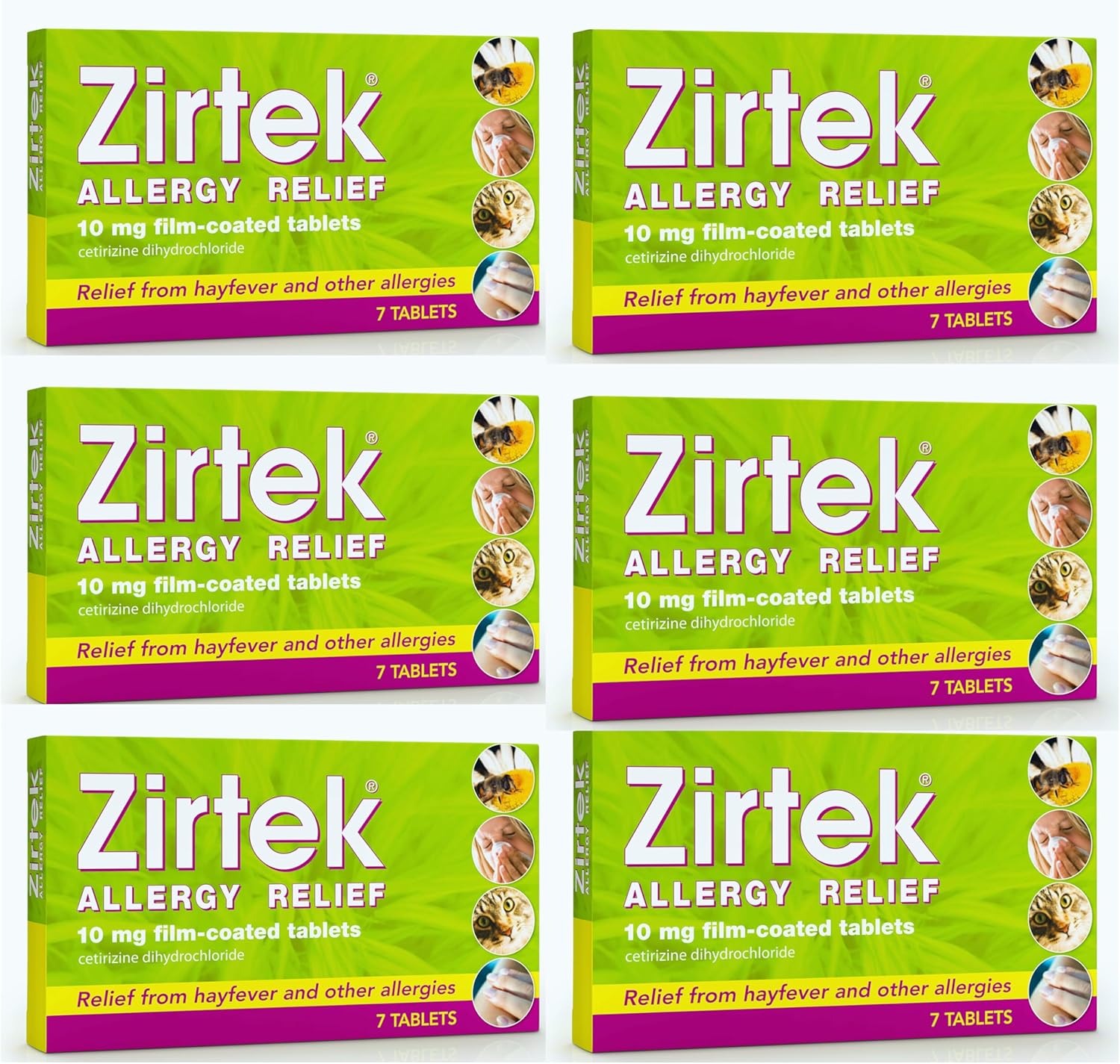 Zirtek Allergy Relief, Pack Of 7 Tablets X 6 | Hayfever, Dust, Pets, And Hives | Cetirizine Antihistamine Tablet | Helps Relieve Allergic Symptoms | For Adults And Children Over 6 Years