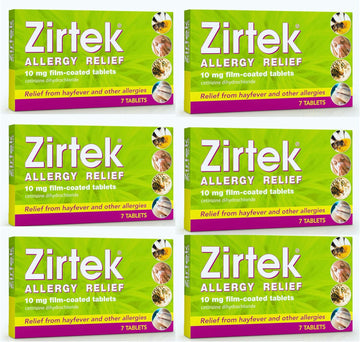 Zirtek Allergy Relief, Pack Of 7 Tablets X 6 | Hayfever, Dust, Pets, And Hives | Cetirizine Antihistamine Tablet | Helps Relieve Allergic Symptoms | For Adults And Children Over 6 Years