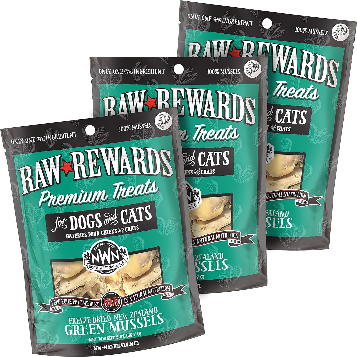 Northwest Naturals Raw Rewards Freeze-Dried Green Lipped Mussel Treats for Dogs and Cats - Bite-Sized Pieces - Healthy, 1 Ingredient, Human Grade, Natural - 2 Oz (Pack of 3) (Packaging May Vary)