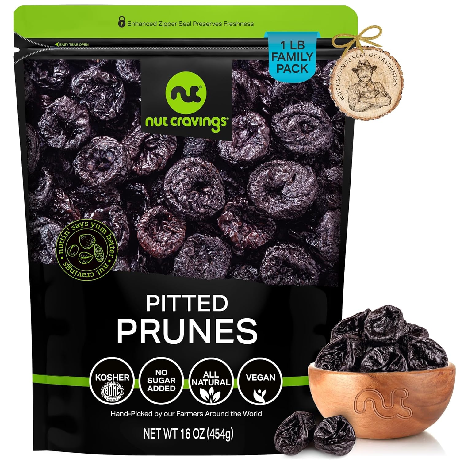 Nut Cravings Dry Fruits - Dried Prunes Pitted Unsweetened, Dry Plums No Sugar Added (16Oz - 1 Lb) Packed Fresh In Resealable Bag - Sweet Snack, Healthy Food, All Natural, Vegan, Kosher Certified