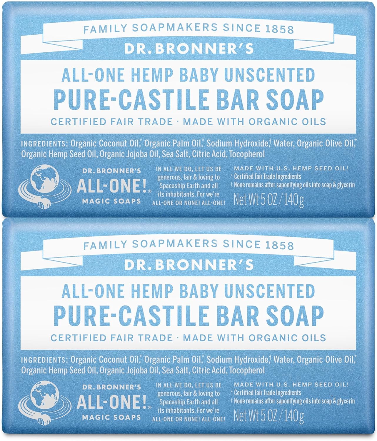 Dr. Bronner'S - Pure-Castile Bar Soap (Unscented, 5 Ounce, 2-Pack) - Made With Organic Oils, For Face, Body And Hair, Gentle And Moisturizing, Biodegradable, Vegan, Cruelty-Free, Non-Gmo