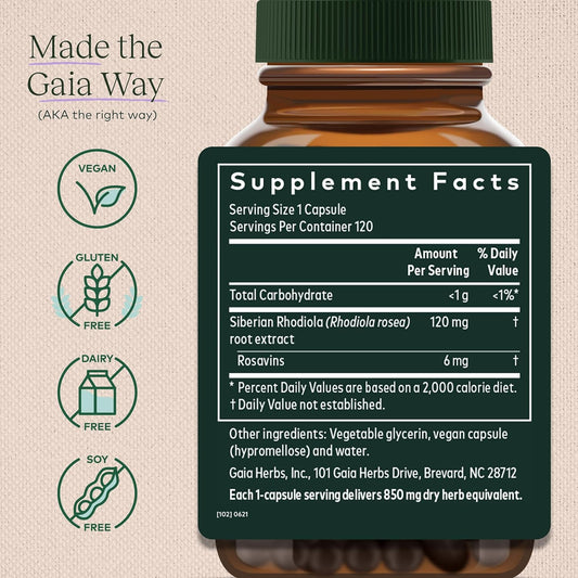 Gaia Herbs Rhodiola Rosea - Stress Support Supplement Traditionally For Supporting Healthy Stamina And Endurance - With Siberian Rhodiola Root Extract - 120 Vegan Liquid Phyto-Capsules (60-Day Supply)