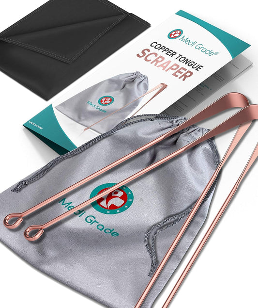 Medi Grade [2Pc] Copper Tongue Scraper - Antibacterial Tongue Brush - Prevents Halitosis And Bad Breath - Removes Bacteria - Best Oral Hygiene - Ayurveda Tongue Scraper