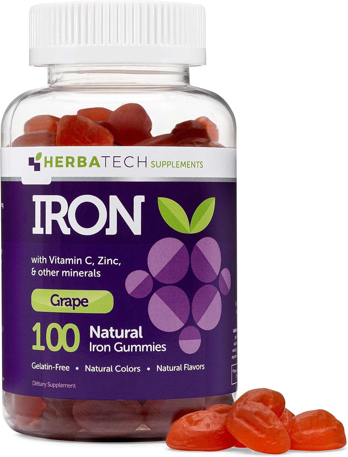 Iron Gummies For Adults And Kids, Chewable Multivitamin Supplement With Iron, Vitamin C, A, B, Zinc, Folic Acid, And Biotin (Grape Flavored) Vegan Safe, Made In The Usa From Herbatech : Health & Household