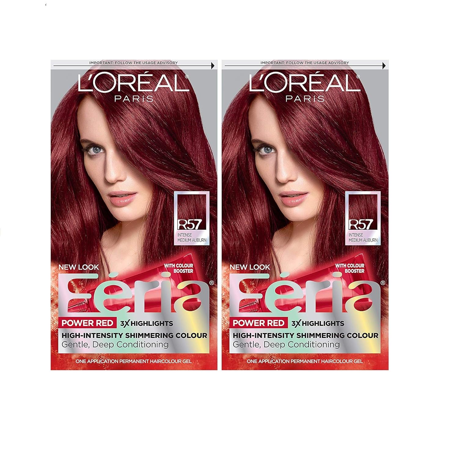 L'Oreal Paris Feria Multi-Faceted Shimmering Permanent Hair Color, R57 Intense Medium Auburn, Hair Dye Kit, Pack Of 2