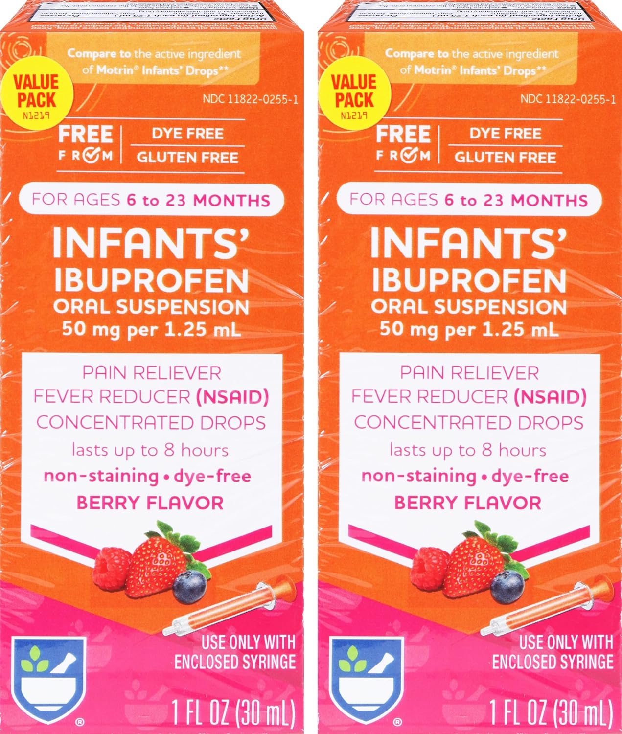 Rite Aid Infants' Dye-Free Ibuprofen Drops, Berry Flavor, 50 Mg - 2 Value Pack | Infant Pain Reliever | For Babies Ages 6 To 23 Months | Oral Suspension 50 Mg Per 1.25 Ml | Gluten Free