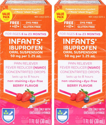 Rite Aid Infants' Dye-Free Ibuprofen Drops, Berry Flavor, 50 Mg - 2 Value Pack | Infant Pain Reliever | For Babies Ages 6 To 23 Months | Oral Suspension 50 Mg Per 1.25 Ml | Gluten Free