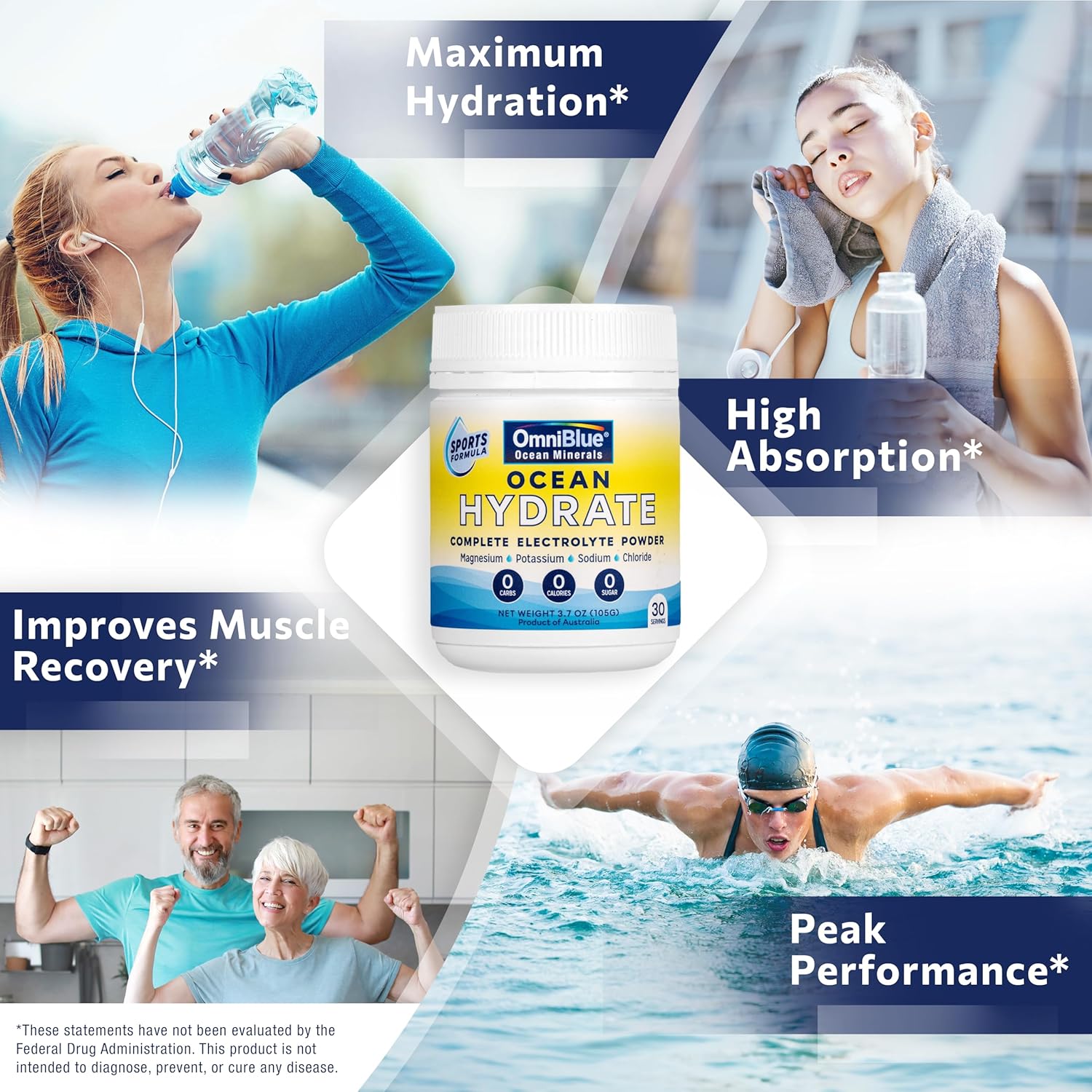 Oceanhydrate Sports-Complete Electrolyte Powder |1500Mg Chloride Electrolytes, 440Mg Sodium, 375Mg Potassium, 194Mg Magnesium | Zero Calories, Zero Sugar | Keto And Paleo Supportive | 3.7Oz : Health & Household