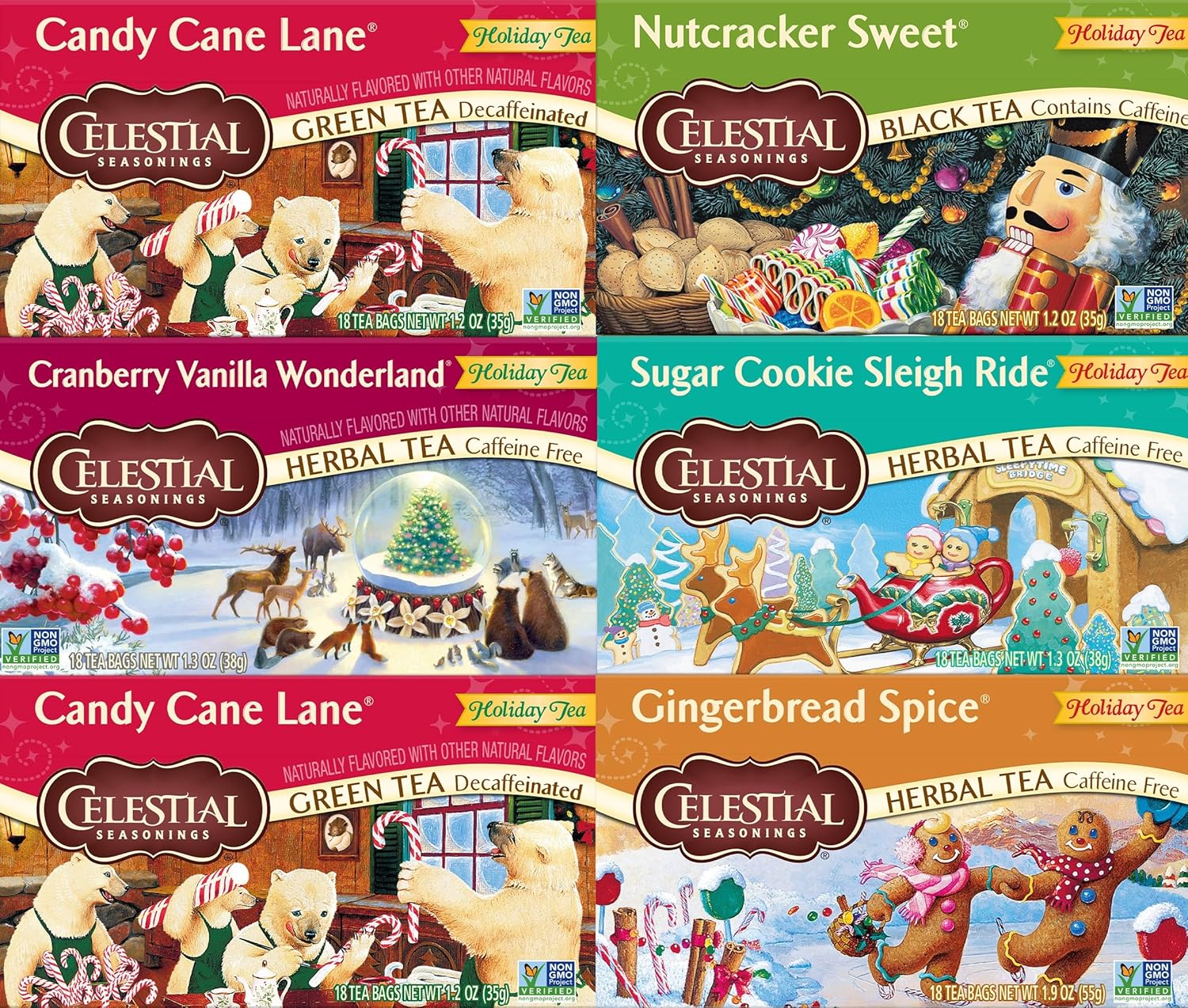 Celestial Seasonings Holiday Tea Sampler Herbal Variety Pack, Caffeine Free, 18 Tea Bags Box, (Pack Of 6)