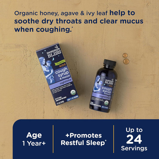 Mommy'S Bliss Organic Kids Cough Syrup & Mucus Relief For Night Time, Agave & Honey, Ivy Leaf, Zinc, Vitamin C, +Herbal Nighttime Blend, 4 Fl Z
