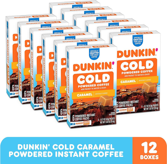 Dunkin' Cold Caramel Flavored Powdered Single Serve Instant Coffee Packs, 6 Count (Pack of 12)