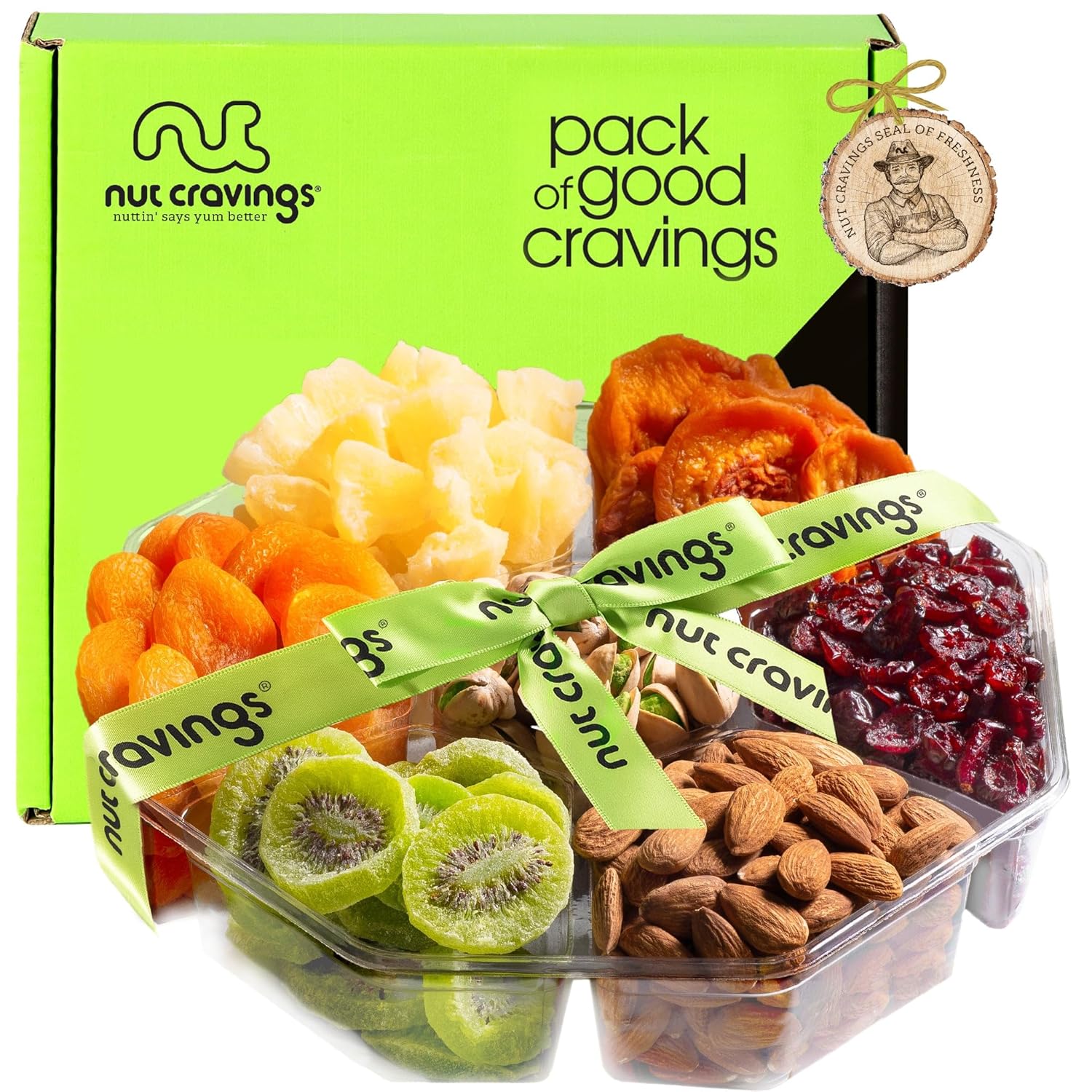 Nut Cravings Gourmet Collection - Dried Fruit & Mixed Nuts Gift Basket + Green Ribbon (7 Assortments, 2 Lb) Teacher Appreciation Arrangement Platter, Bday Care Package Healthy Kosher