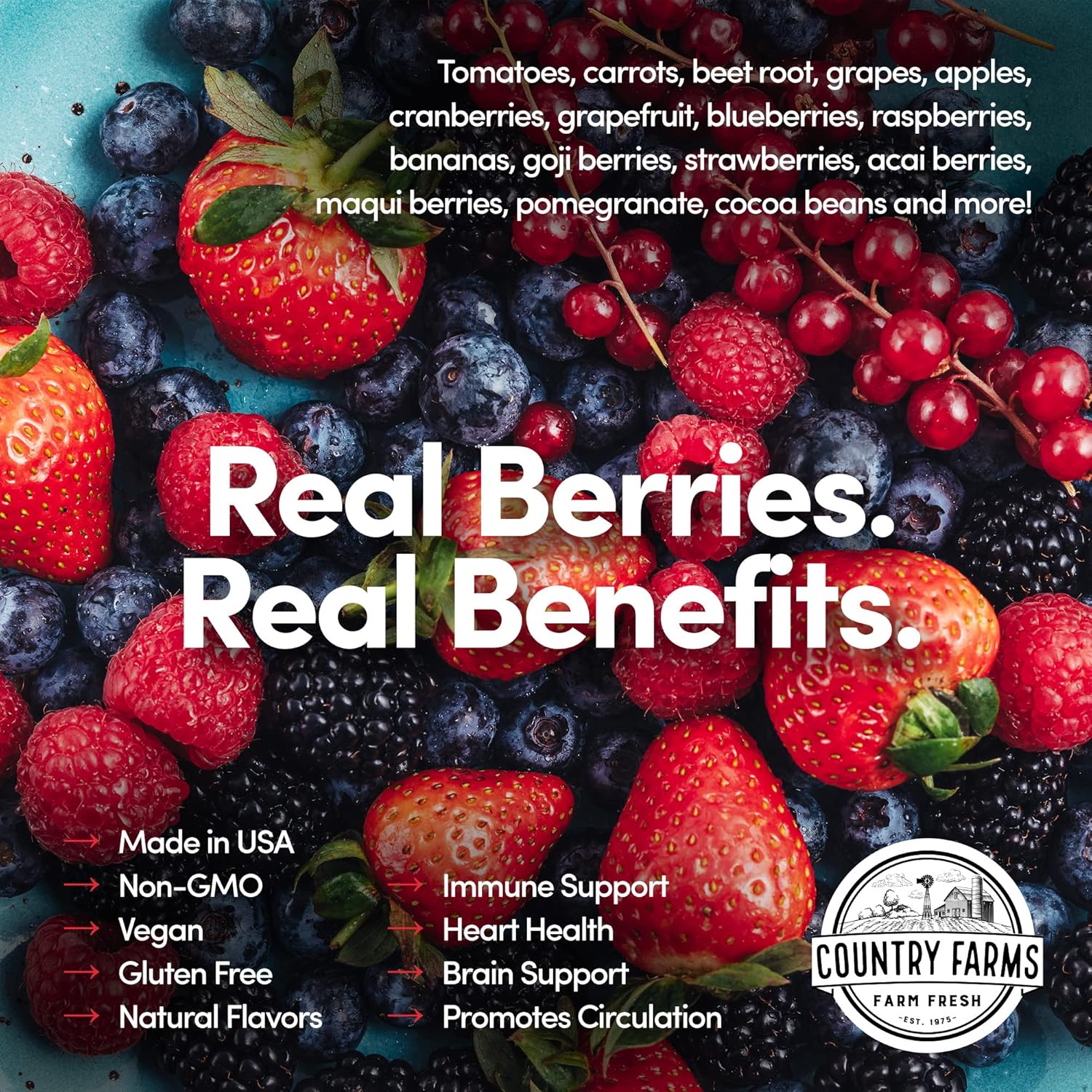 COUNTRY FARMS Super Reds, Energizing Polyphenol Superfood, 48 Super Fruits and Berries, Powerful Antioxidants and Polyphenols, Supports Energy, 20 Servings, Mixed Berry Flavor : Health & Household