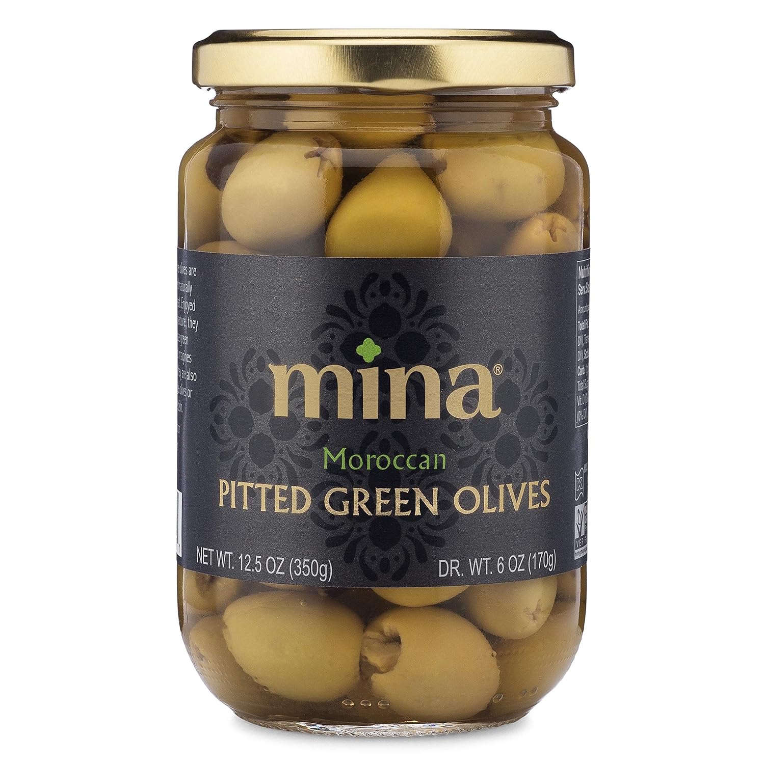 Mina Green Olives Pitted, 12.5 Oz - Delicious Pitted Green Olives, Keto And Paleo Snack, Hand Picked, Naturally Cured, Gluten Free, Low Carb, Vegan, Non Gmo And Kosher