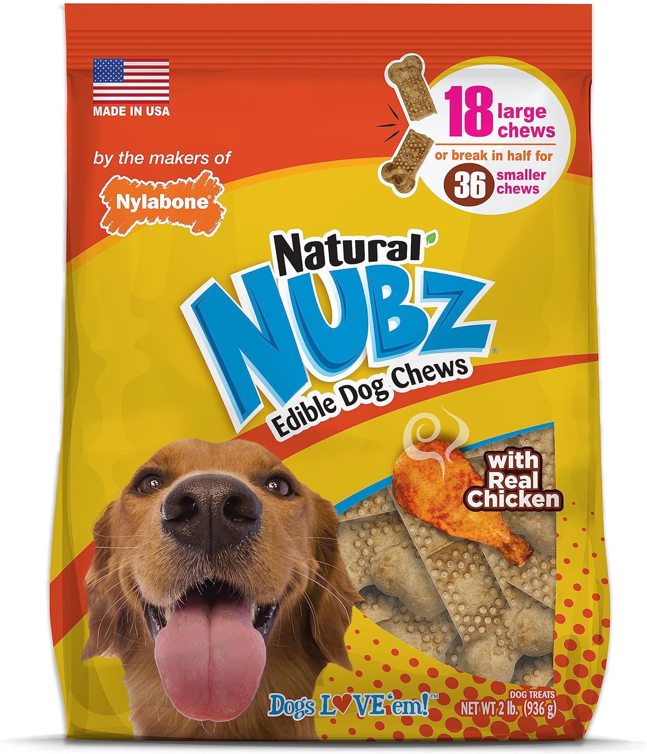 Nylabone Nubz Chicken Dog Treats I All Natural Edible Chew Treats for Dogs l Made in USA l 18 Pack Large - Up to 50 lbs