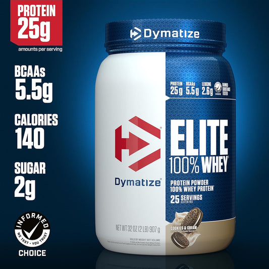 Dymatize Elite 100% Whey Protein Powder, 25G Protein, 5.5G Bcaas & 2.7G L-Leucine, Quick Absorbing & Fast Digesting For Optimal Muscle Recovery, Cookies & Cream, 2 Pound, 25 Servings