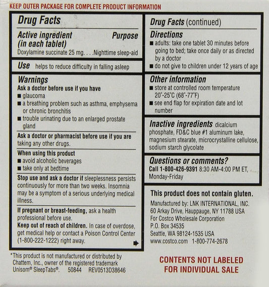 Kirkland Signature Nighttime Sleep Aid (Doxylamine Succinate 25 mg), 192 Tablets