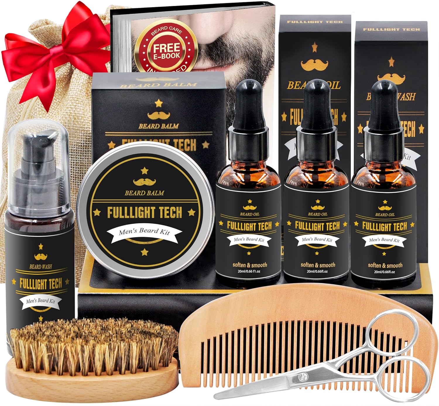 Beard Kit For Men Grooming & Care W/3 Pack Beard Oil, Wash, Balm, Comb, Brush, Scissors,Anniversary Valentines Birthday Fathers Gifts Idea For Husband Him Boyfriend Dad Men Christmas Stocking Stuffers