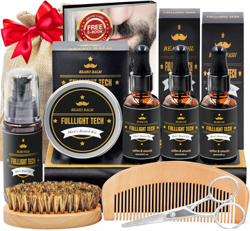 Beard Kit For Men Grooming & Care W/3 Pack Beard Oil, Wash, Balm, Comb, Brush, Scissors,Anniversary Valentines Birthday Fathers Gifts Idea For Husband Him Boyfriend Dad Men Christmas Stocking Stuffers