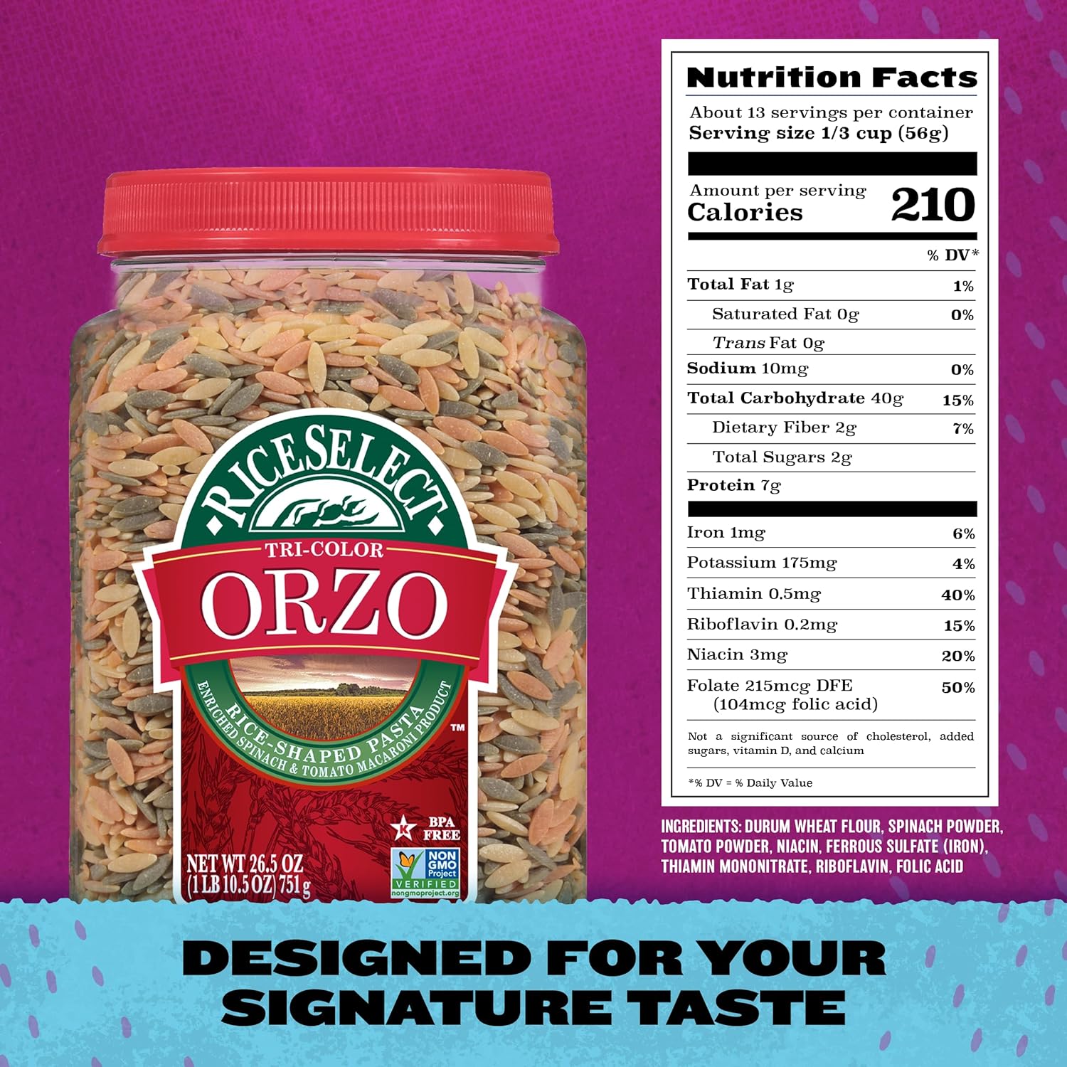 RiceSelect Tri-Color Orzo Pasta, Non-GMO, 26.5 oz (Single Jar)