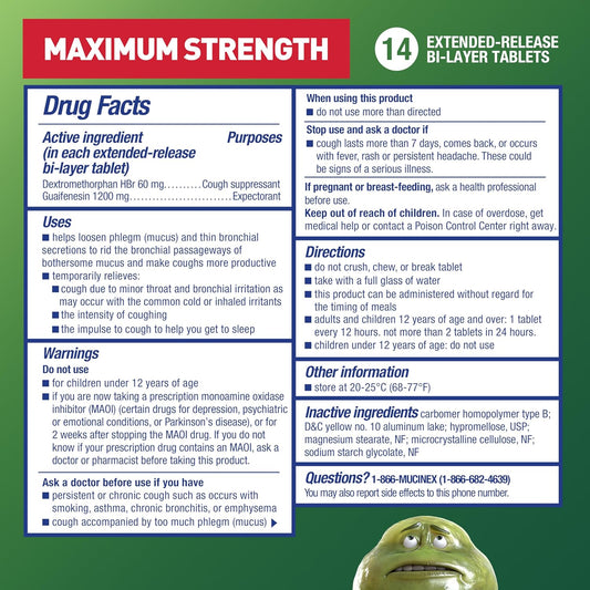 Mucinex Dm 12Hr Maximum Strength Chest Congestion & Cough Medicine For Adults, Cold And Cough Medicine For Excess Mucus Relief, 1200 Mg Guaifenesin & 60 Mg Dextromethorphan Hbr, 14 Bi-Layer Tablets