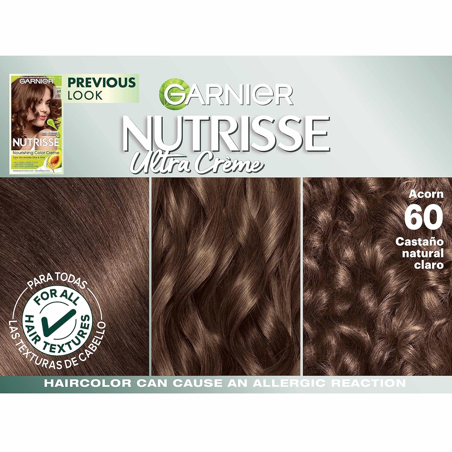 Garnier Hair Color Nutrisse Nourishing Creme, 60 Light Natural Brown (Acorn) Permanent Hair Dye, 2 Count (Packaging May Vary) : Beauty & Personal Care