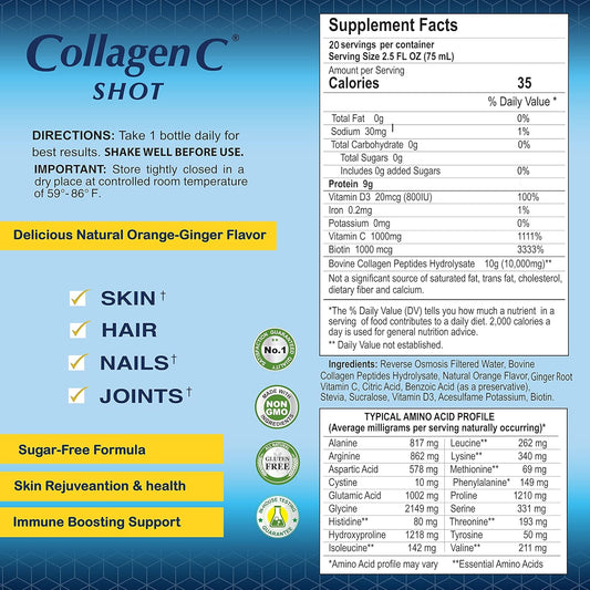 CollagenC - skin glow shot 20 pack - Collagen 10g, Vitamin c 1000mg, Biotin 1000mcg, Vitamin D 800 IU - Natural Orange-Ginger Flavor 2.5oz Bottle - 20 Pack