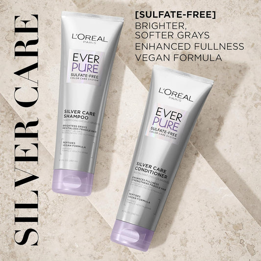 L'Oreal Paris Everpure Silver Care Sulfate Free Shampoo And Conditioner Set, Nourishing Vegan Formula With Peptides For Brightening Gray Hair, 1 Kit