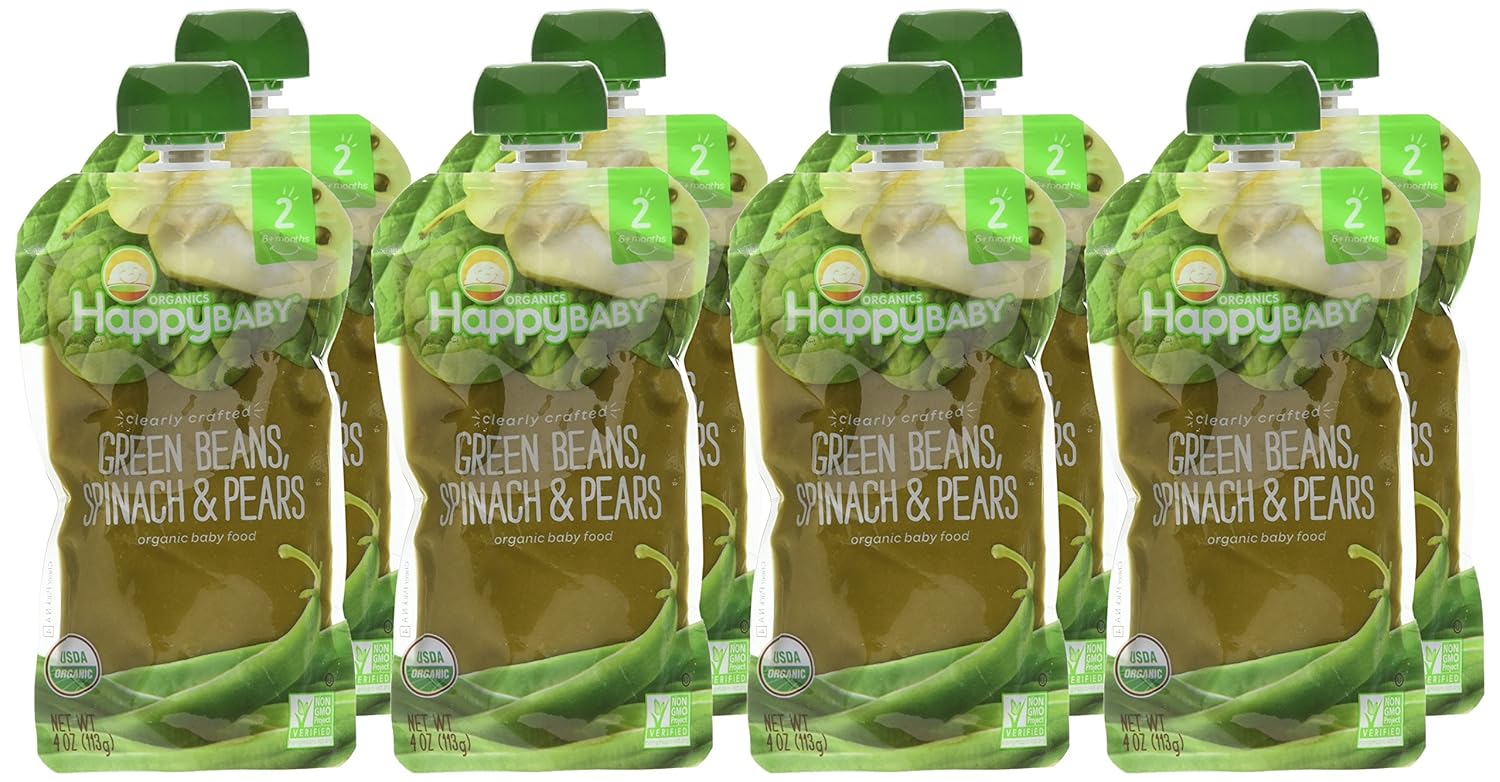 Happy Family Baby Clearly Crafted Stage 2 Green Beans, Pears & Spinach, 8 Count