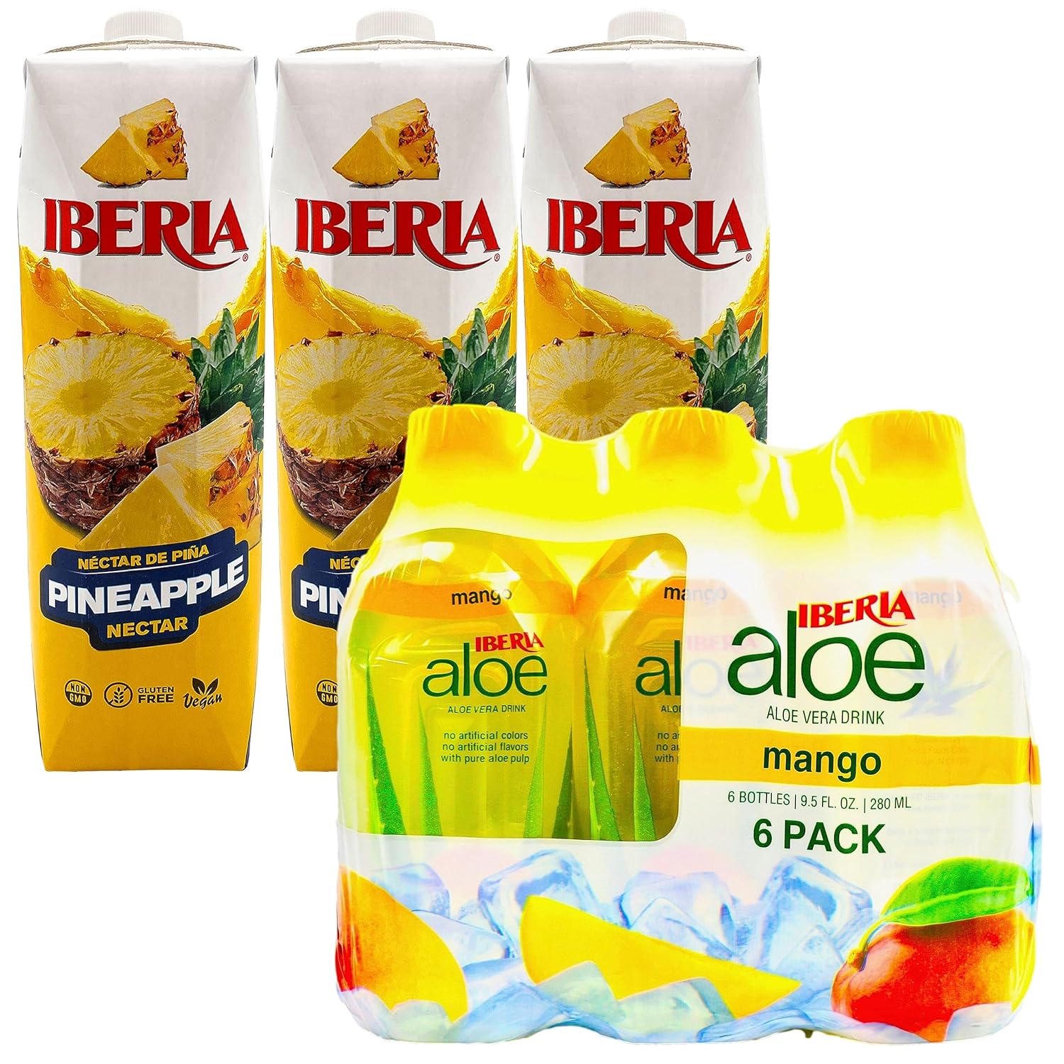 Iberia Pineapple Nectar, 33.8 Fl Oz, (Pack of 3) + Iberia Aloe Vera Drink with Pulp 9.5 fl oz, Mango (Pack of 6) : Grocery & Gourmet Food