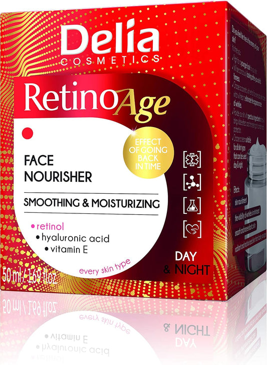 Delia Cosmetics - Retinoage - Face Cream – Retinol, Q10, Shea Butter, Macadamia Oil, Aloe Vera Gel, Vitamin E – Firming, Nourishing, Anti Aging, Day & Night Cream - 50Ml