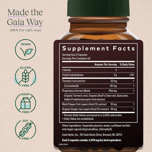 Gaia Herbs Turmeric Supreme Joint Health - Joint Support Supplement - With Quercetin,Black Pepper,Boswellia,Ginger Root,Curcuminoids,&More-120 Liquid Phyto-Capsules(30-Day Supply)