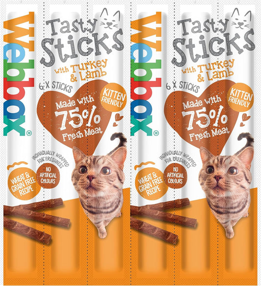 Webbox Tasty Sticks Cat Treats, Turkey and Lamb - Kitten Friendly, Wheat and Grain Free, No Artificial Colours (25 x 6 Packs)