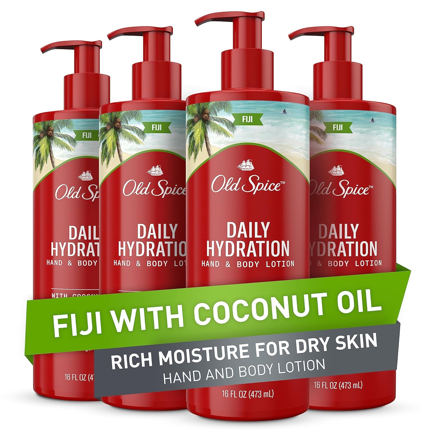 Old Spice Daily Hydration Hand & Body Lotion For Men, Fiji With Coconut Oil, 16 Oz, Pack Of 4